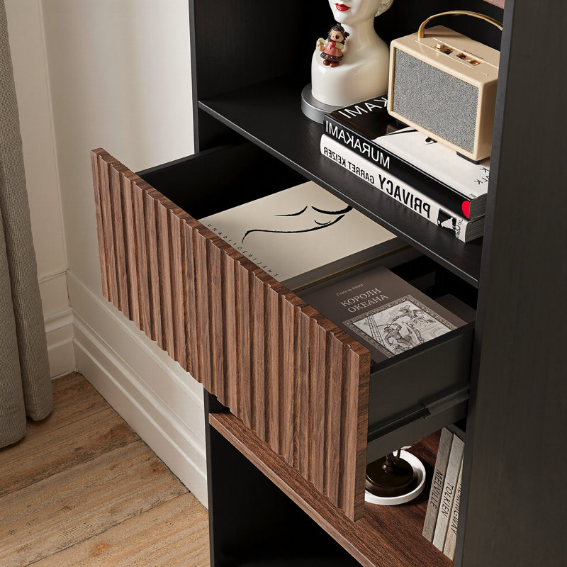 Bibliothèque moderne à 5 niveaux avec rangement ouvert et tiroir amovible, parfaite pour le salon, le bureau ou la chambre à coucher