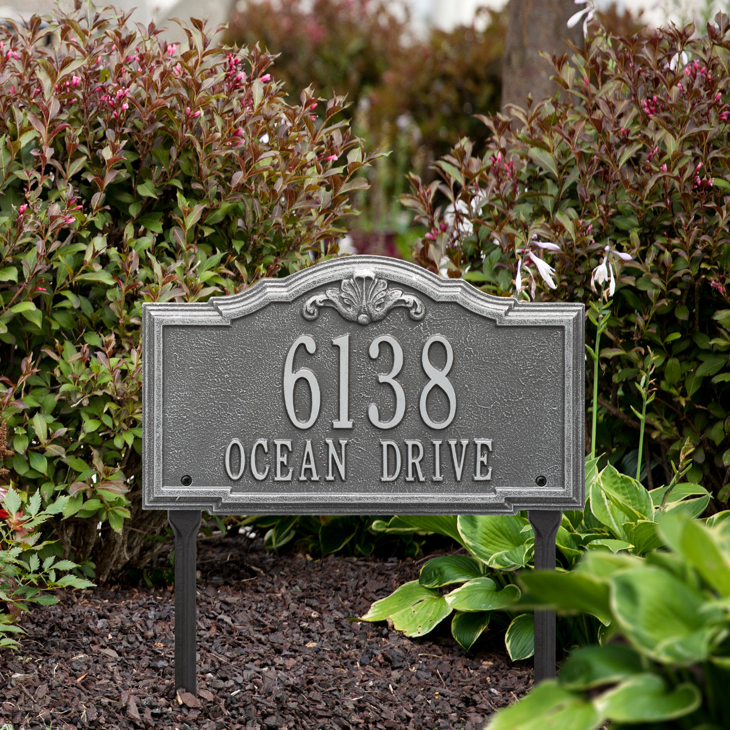 Gatewood 2-Line Lawn Address Sign, Yes, Pewter/Silver