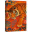 «Vibrant Tiger», reposant parmi des éléments floraux sur fond orange chaleureux - reproduction d'art sur toile encadrée-1242033998-1242033987