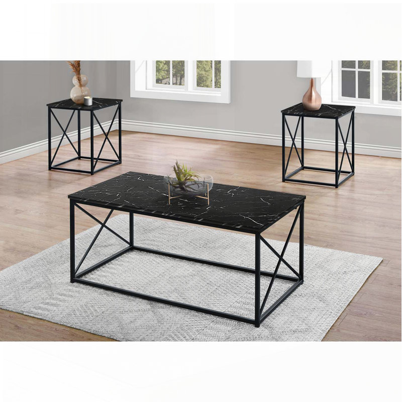 Ensemble de 3 tables basses et tables de bout aspect marbre noir, Noir, Noir