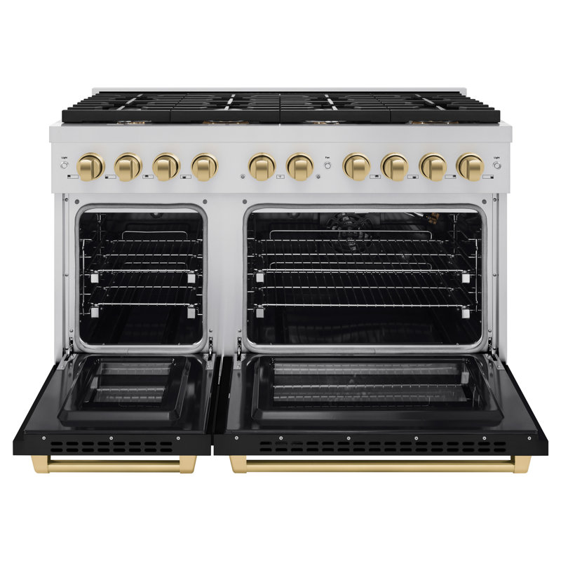 ZLINE Autograph Edition 48 in. 6.7 cu. ft. Paramount Double Oven Gas Range with 8 Burner Cooktop in Stainless Steel with Black Matte Doors