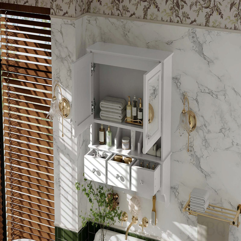 Armoire de toilette 4 en 1, armoire à pharmacie murale de 24 pouces avec tiroirs et crochets de rangement, miroirs haute définition avec rangement pour meuble-lavabo de salle de bain