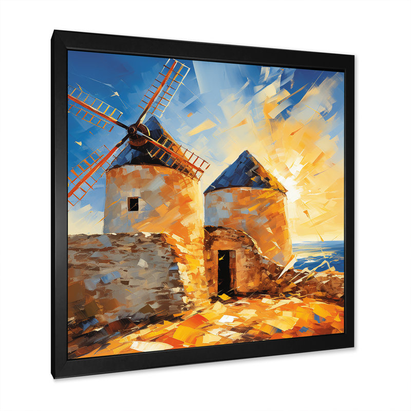 Windmill Evening Glow Sunset - Wind Turbines, art mural, H 36 po x l 36 po x P 1,5 po, Cadre simple noir