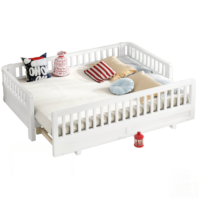 Platform Bed With Guardrails, Solid Wood Frame, Ideal For Safety And Flexibility In Any Room, White, Twin XL