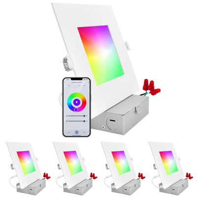 Luxrite 6 Inch Square Smart LED Recessed Lighting, RGBW Colour Changing, Wifi App Control, Voice Control With Alexa And Google Home, No Hub Required, 13W 1000LM, CRI 90, IC Rated, Wet Rated (4 Pack)