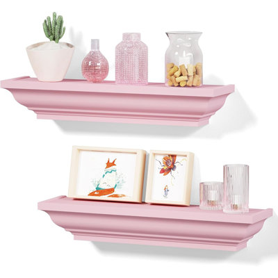 Floating Shelves Wall Mounted Set Of 2, Rustic Shelves For Wall Storage, 17 Inch Wood Shelves For Bedroom Living Room Bathroom, Pink