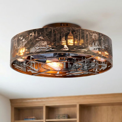  20" Farmhouse Flush Mount Artistic silhouette Bronze Ceiling Fan with Light & Remote, Industrial Cage Design, 6-Speed