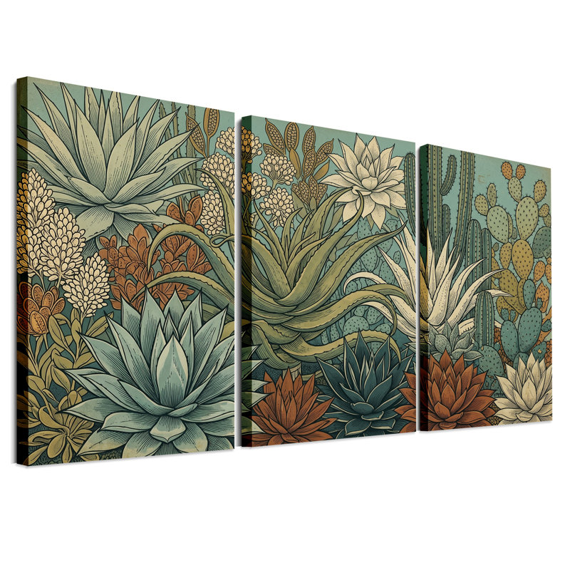 «Succulents and Cacti in Vintage Botanical Illustration», ensemble de 3 toiles murales, H 18 po x l 12 po x 3 pièces