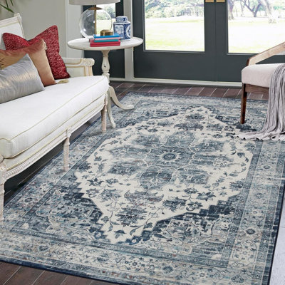 Ultra Soft 5x7 Indoor Rug Washable Non-Slip Low Pile Vintage Stain-Resistant No-Shedding Fade-Resistant Dining Gray