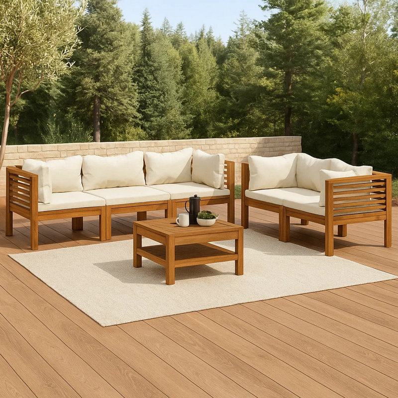 Ensemble de canapé modulaire d'extérieur 6 pièces, coussins crème, bois d'acacia brun massif