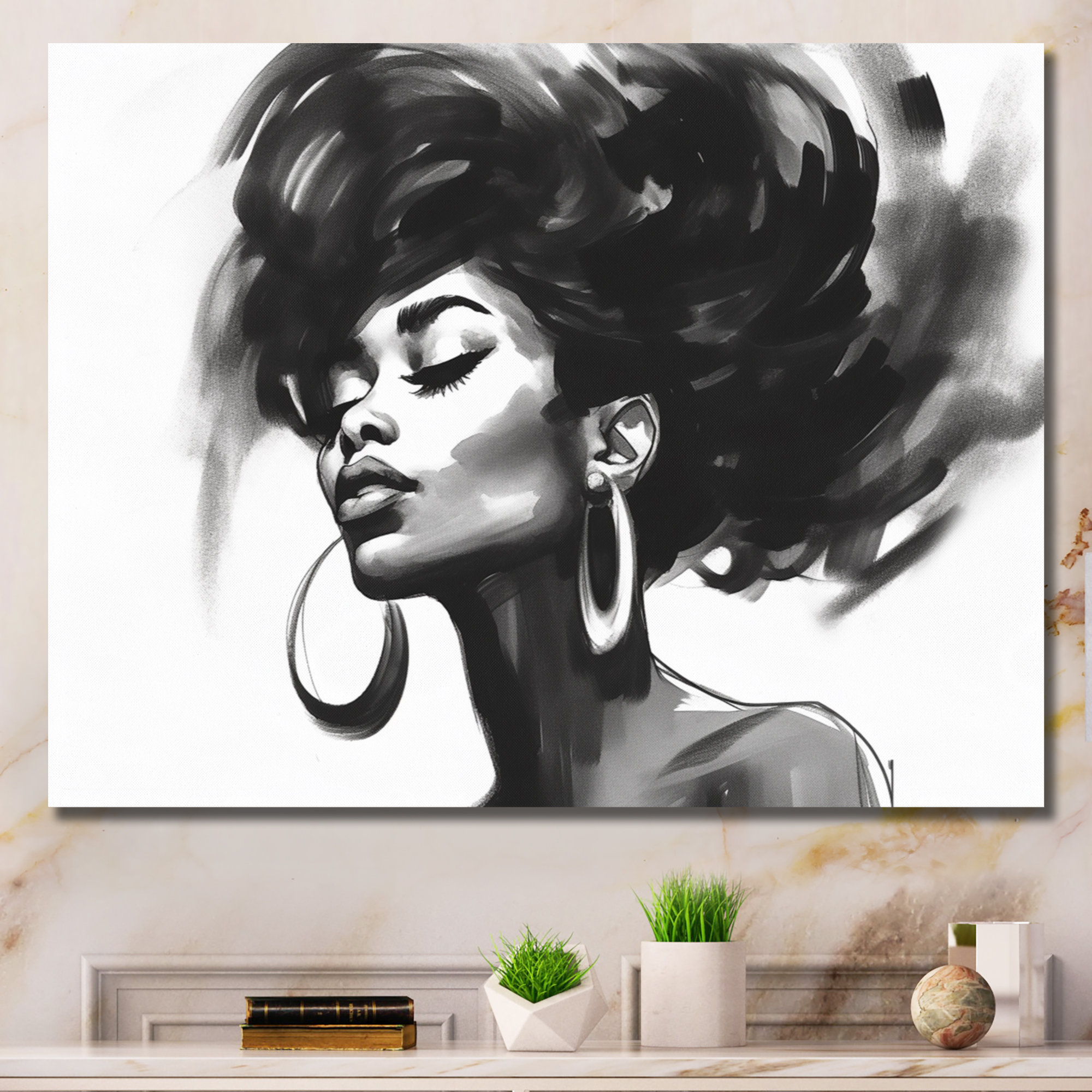 Black and White Portrait of African American Woman IV 32 in x 16 in Painting Canvas Art Print, by Designart