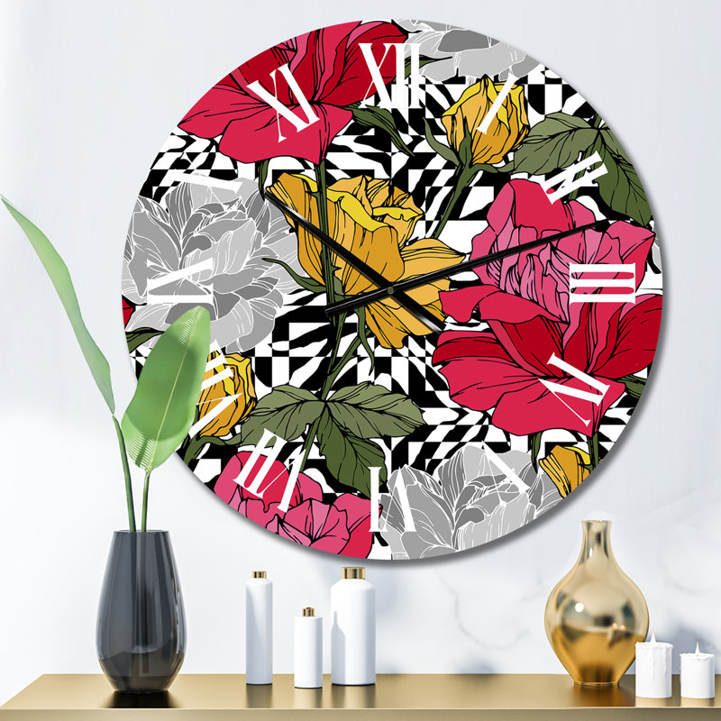 Horloge murale à motif fleurs rouges et jaunes sur fond noir et blanc, Petit