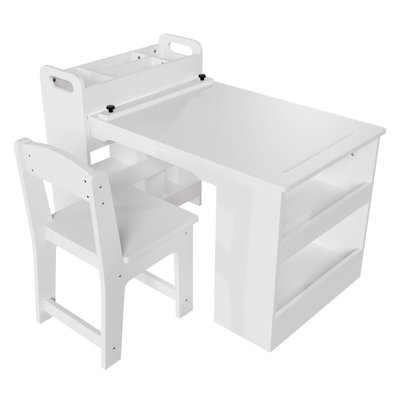 Ensemble de table d'art pour enfants et 2 chaises avec tablettes de rangement, bureau de dessin en bois pour tout-petits, table d'activités et d'artisanat pour enfants, mobilier multifonctionnel pour salle de classe, garderie et maison, blanc