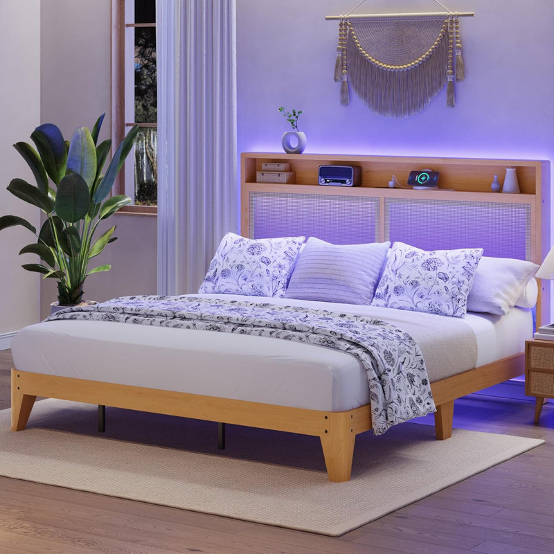 Queen Bed Frame with Natural Rattan Headboard, Bohemian Bed Frame with LED Lights & Charging Station, 2 Tier Storage Headboard, Under Bed Storage, No Box Spring Needed