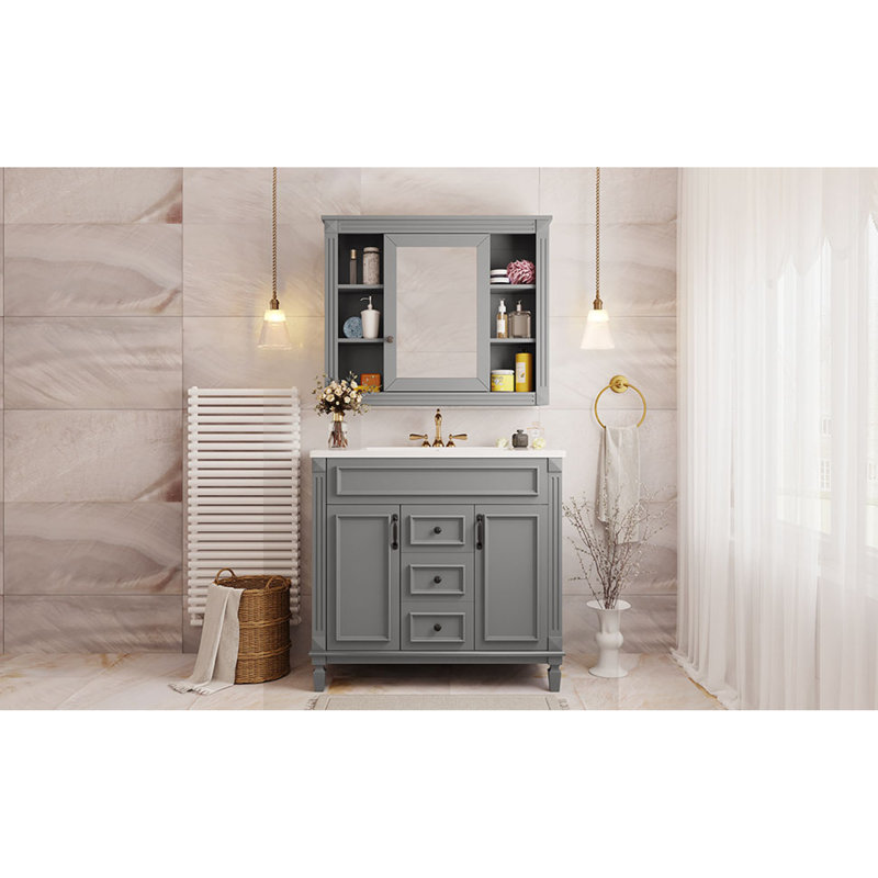Meuble-lavabo 36 po avec lavabo, armoire à miroir, 2 portes à fermeture douce et 2 tiroirs, Gris
