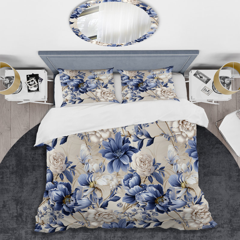 Ensemble de housse de couette victorienne en damas bleu et blanc Victorian III