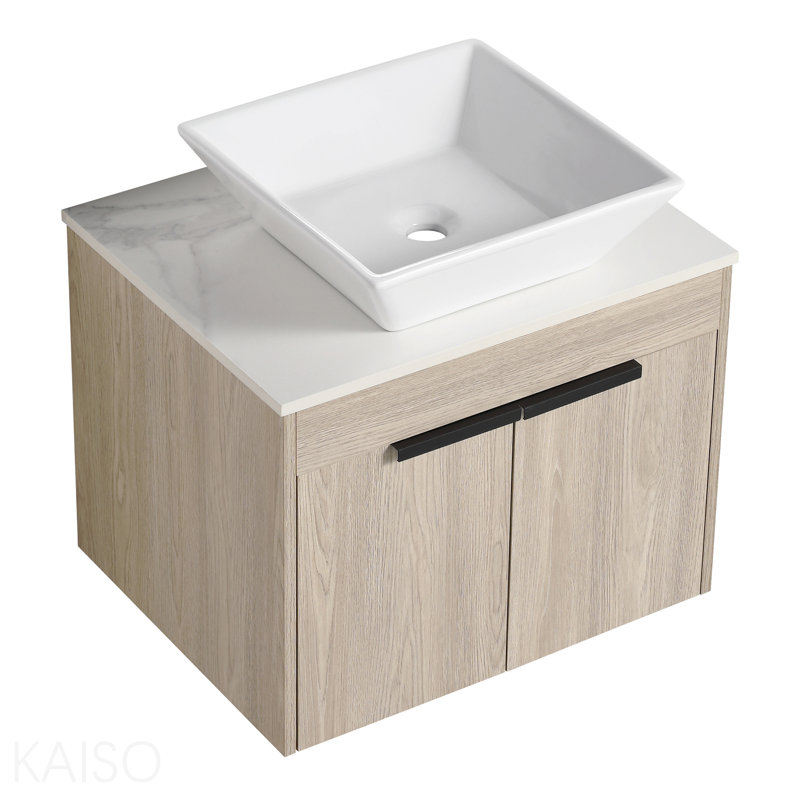 Meuble-lavabo flottant de 36 po au design moderne avec lavabo d'art en céramique, dalle de pierre plate blanche et petites tablettes de rangement, porte à fermeture douce