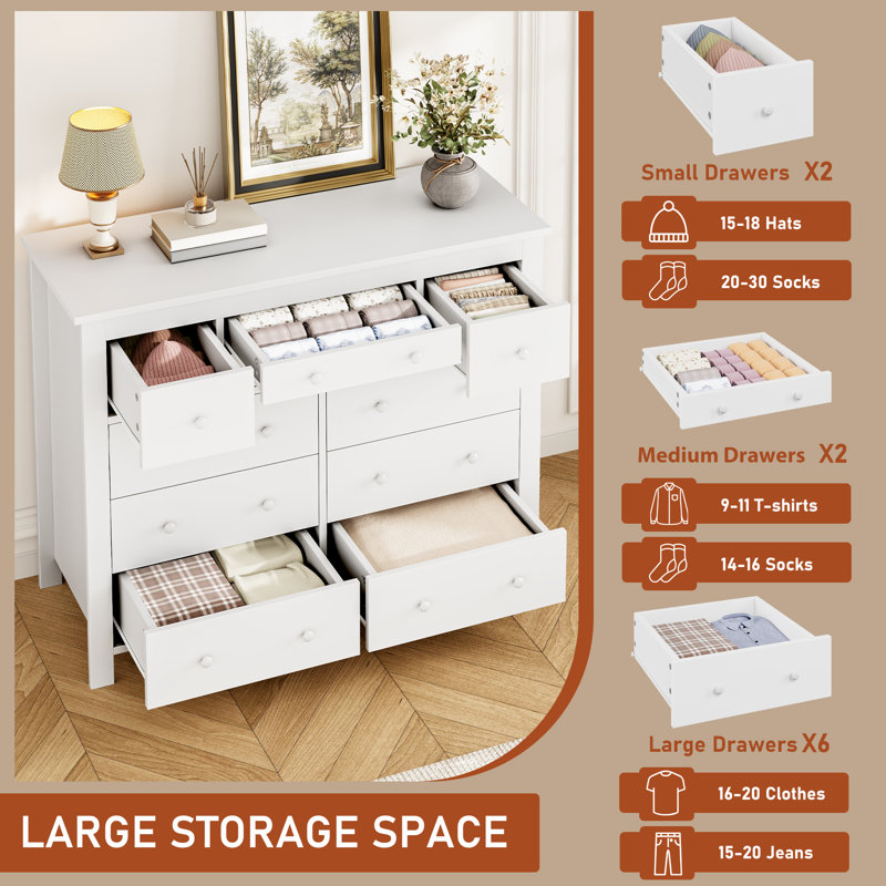 47'' Wide 10-Drawer Wooden Dresser, Long Chest of Drawers, White