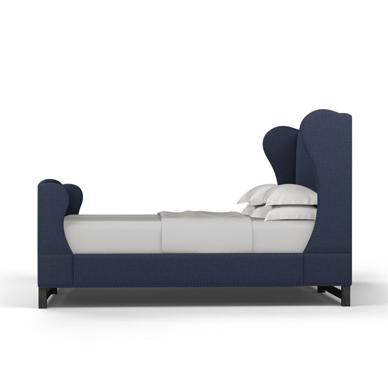 Herbert Upholstered Wingback Bed, Ebony, Box Weave Linen Blue Print, Full