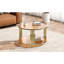 Table basse moderne moderne en métal et verre brun avec base dorée et tablette inférieure fonctionnelle