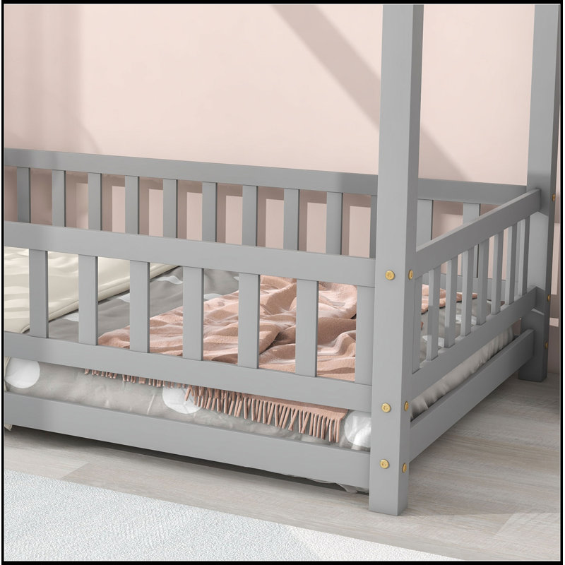 Twin Size Floor Wooden Bed With House Roof Frame, Fence Guardrails,Grey(Old SKU:W50471471), Twin