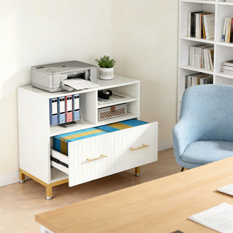 Classeur polyvalent et stable avec tringle réglable, 3 espaces ouverts, tablette, métal doré E1, 35,03 po de profondeur, 15,95 po de largeur, 29,91 po de hauteur, pratique et élégant