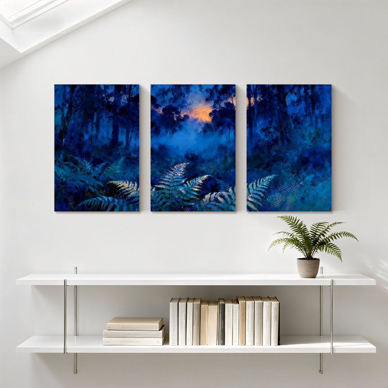 Forêt d'hiver, fougères bleues, ciel nocturne, clair de lune, ensemble de 3 impressions sur toile, H 36 po x l 72 po