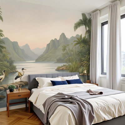 Papier peint adhésif mural moderne paysage tropical avec oiseaux, ruisseau d'eau, terrain montagneux H 100 po x l 144 po, papier mural amovible en PVC pour décoration de chambre à coucher