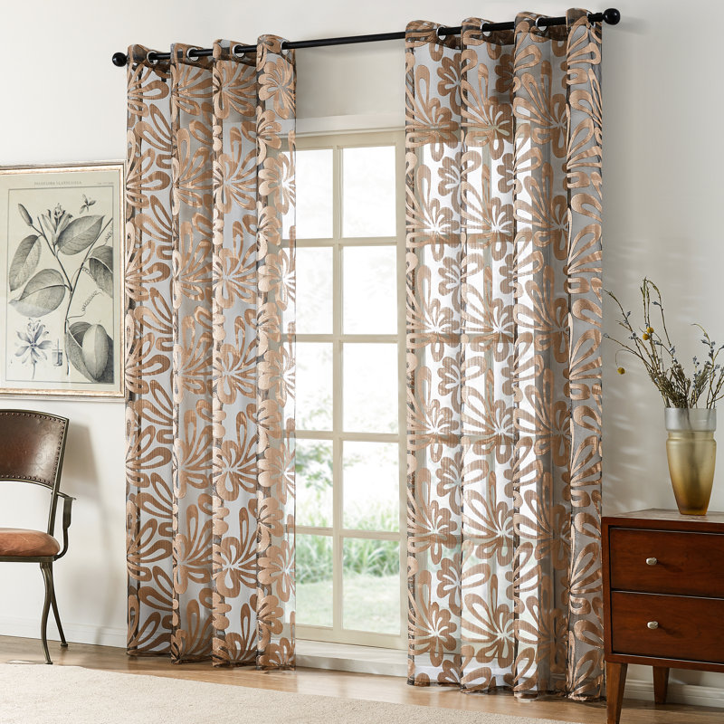 Floral Bari Gauze Window Drapes Privacy Grommet Curtains Panels Light Filtering Drape (Set of 2), 52" W x 90" L