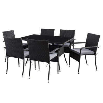 Ensemble de salle à manger de patio avec chaises empilables Aalliyah - finition noire / coussins gris cendré 7 pièces