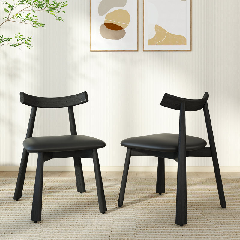 Hanes 2-Piece Modern Upholstered Rubber Wood Faux Leather Dining Chair, Black