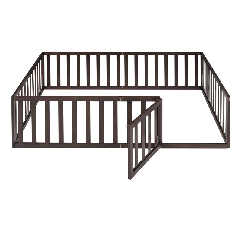 Full Size Wood Daybed with Fence & Small Door – Solid Pine Kids Floor Bed Frame, Walnut, Full, Brown