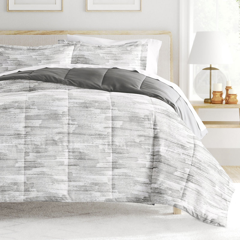 Gray All Season Down-Alternative Reversible Comforter Set in Textured Stripe, King Comforter + 2 King Shams