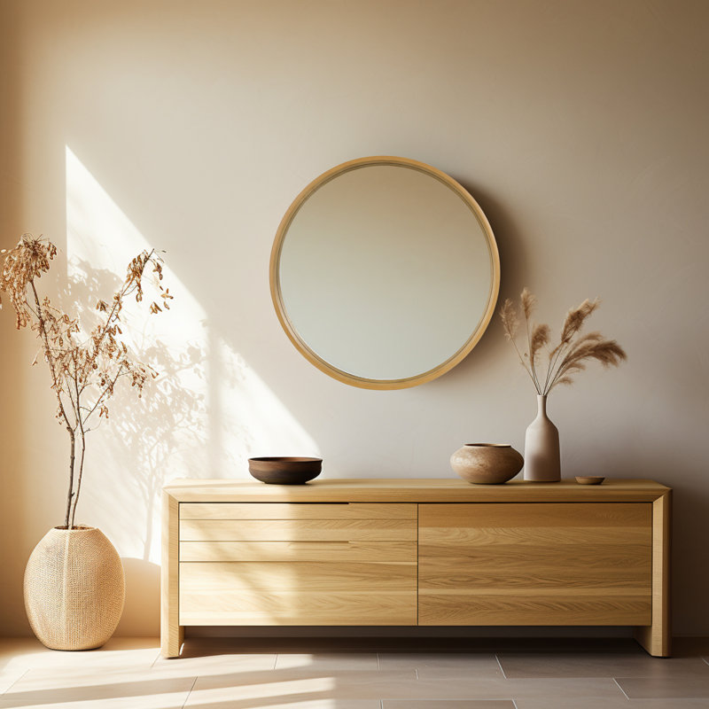 Wood Round Wall Mirror for Bathroom Bedroom Vanity Home Decoration, Natural Wood, 24" x 24"