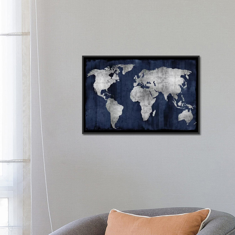 «The World», impression sur toile en argent et bleu, H 18 po x l 26 po x p 1,5 po, Toile avec cadre noir, Pas de tapis
