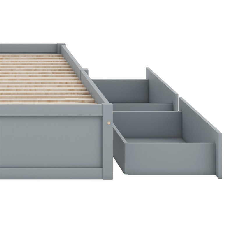 Wood Daybed With Fence Guardrails,Drawers And Split Into Independent Floor Bed, Gray, Twin