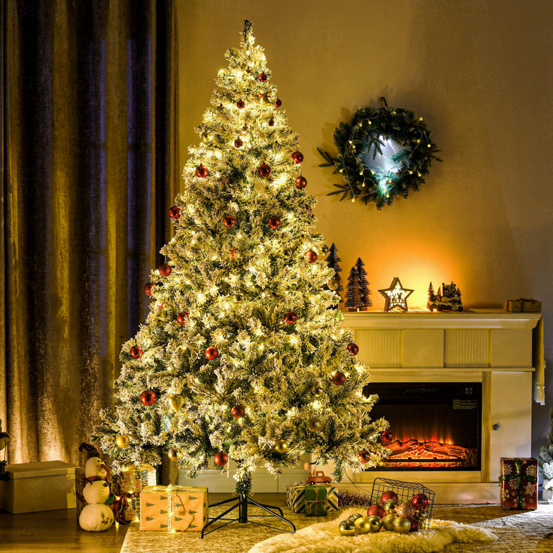Arbre de Noël artificiel 7,5 pi pré-éclairé, décor des Fêtes, 1149 branches floquées par la neige, 550 lumières DEL blanc chaud / coloré, base en acier