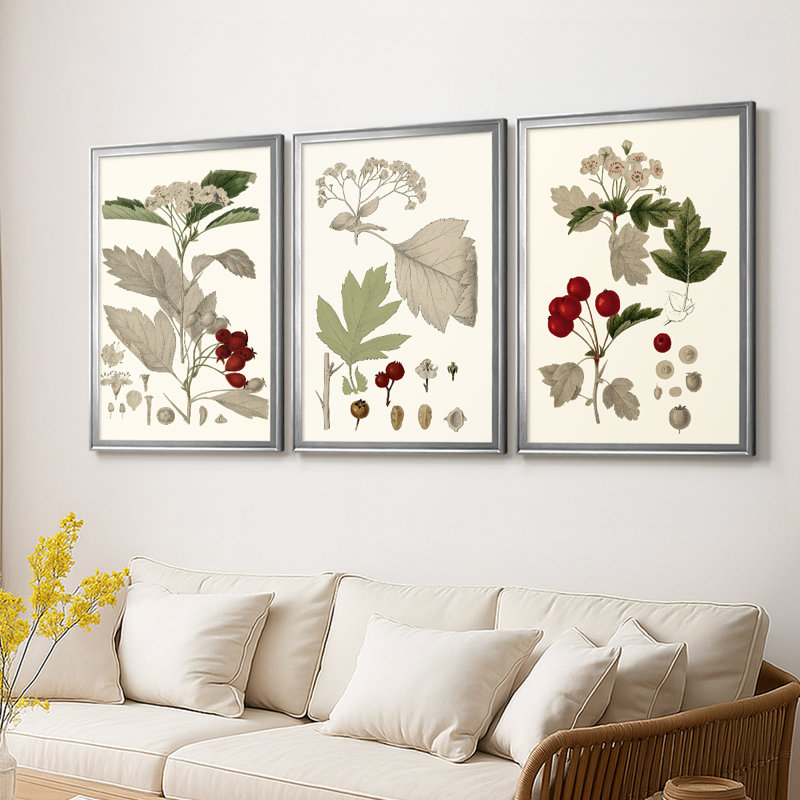 Leaves & Berries I - Toile tendue avec châssis sur mesure - 3 pièces, Argent argent, H 19 po x l 45 po
