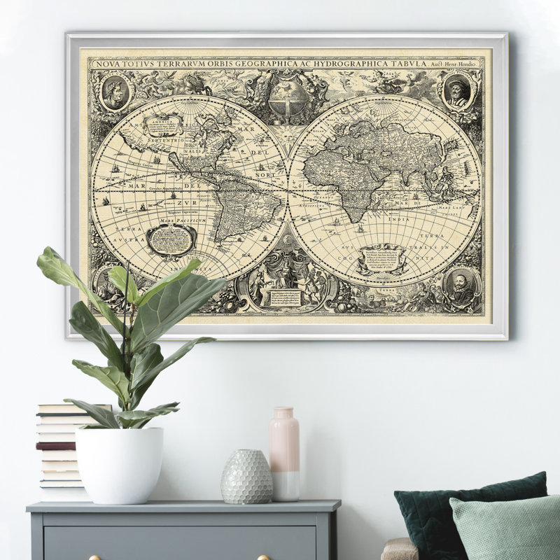 Carte du monde rétro - reproduction de cadre photo, H 26,5 po x l 36,5 po x P 1,5 po, Argent