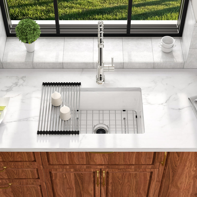24" L Drop-In / Undermount Kitchen Sink Single Bowl White Ceramic Dual Mount Kitchen Sink