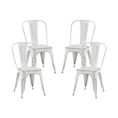 Set Of 4 Sanded Matte White Industrial Metal Dining Chairs 18 Inch Seat Height Stackable,  Indoor Outdoor, Lightweight Easy-Clean Surface, Easy Assembly, Durable Modern Design, For Kitchen Cafe Bar