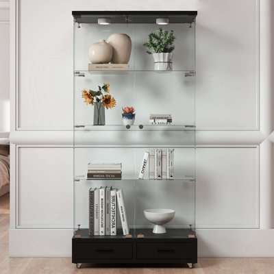 Vitrine moderne en verre trempé avec 2 grands tiroirs - Bibliothèque à DEL à 2 portes et 4 portes à assemblage rapide pour le salon, la chambre à coucher, noir