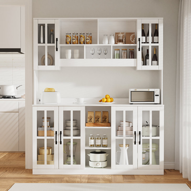 Farmhouse 71" X 59" Pantry With Hutch,Soft Close Glass Doors,Cabinet With Storage,Adjustable Shelves, White