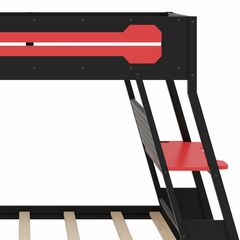 Lit superposé double pour bureau avec ports USB et rangement perforé, Lit simple, Noir / Rouge