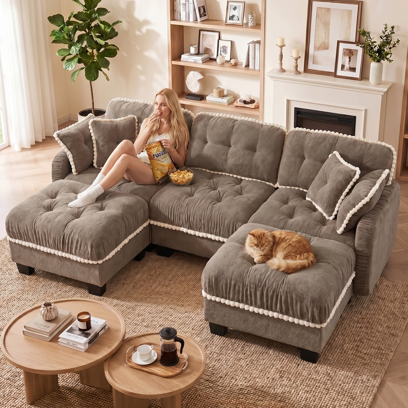 Canapé d'angle modulaire en chenille de 100,9 pouces, 5 pièces, en forme de U, avec 2 poufs rembourrés amovibles et des coussins.