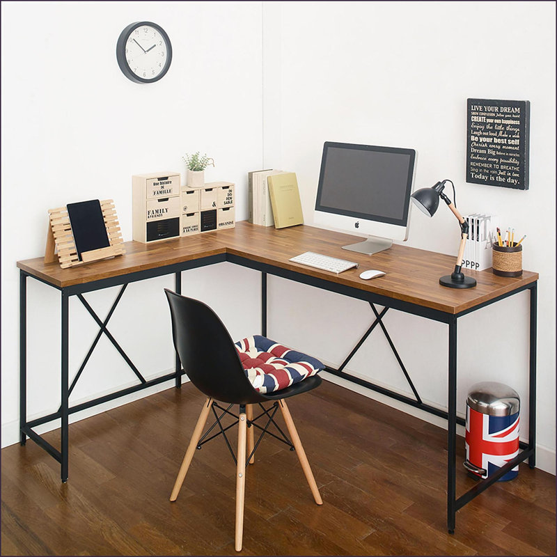 Bureaux | Bois industriel & amp; Bureau de coin en métal - Acacia & amp; Noir | Naturel | Bois massif
