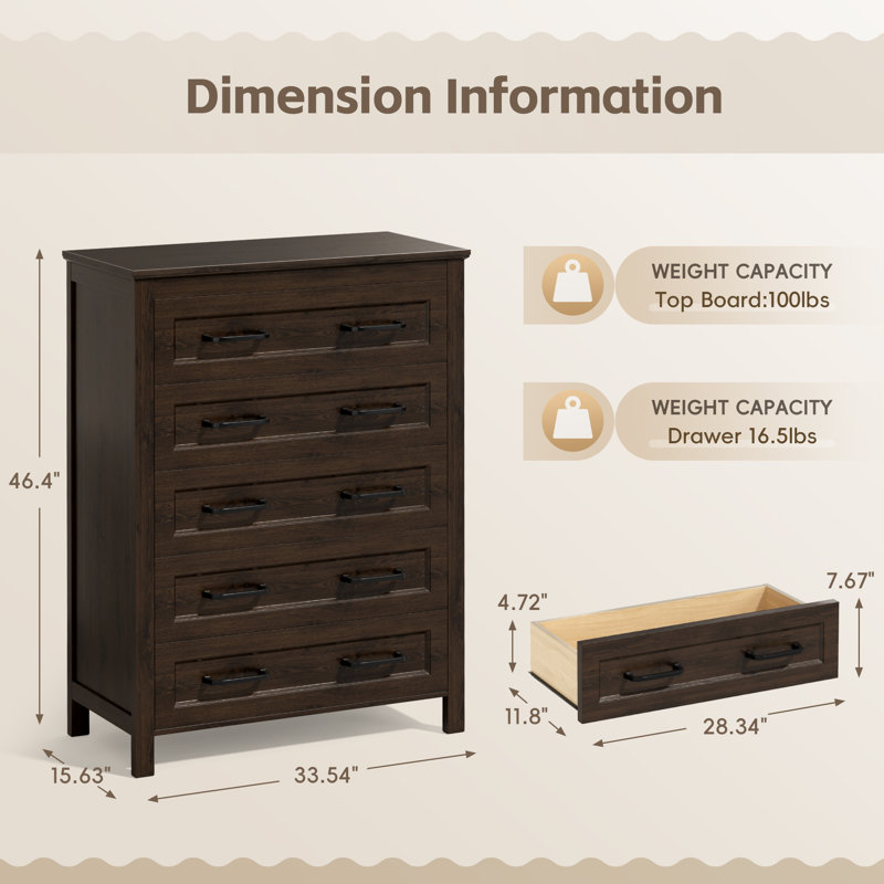 Modern Farmhouse 46.4" H Vertical Dresser, 5 Drawers With 100lbs Top Capacity, Sturdy Storage Chest For Bedroom Furniture
