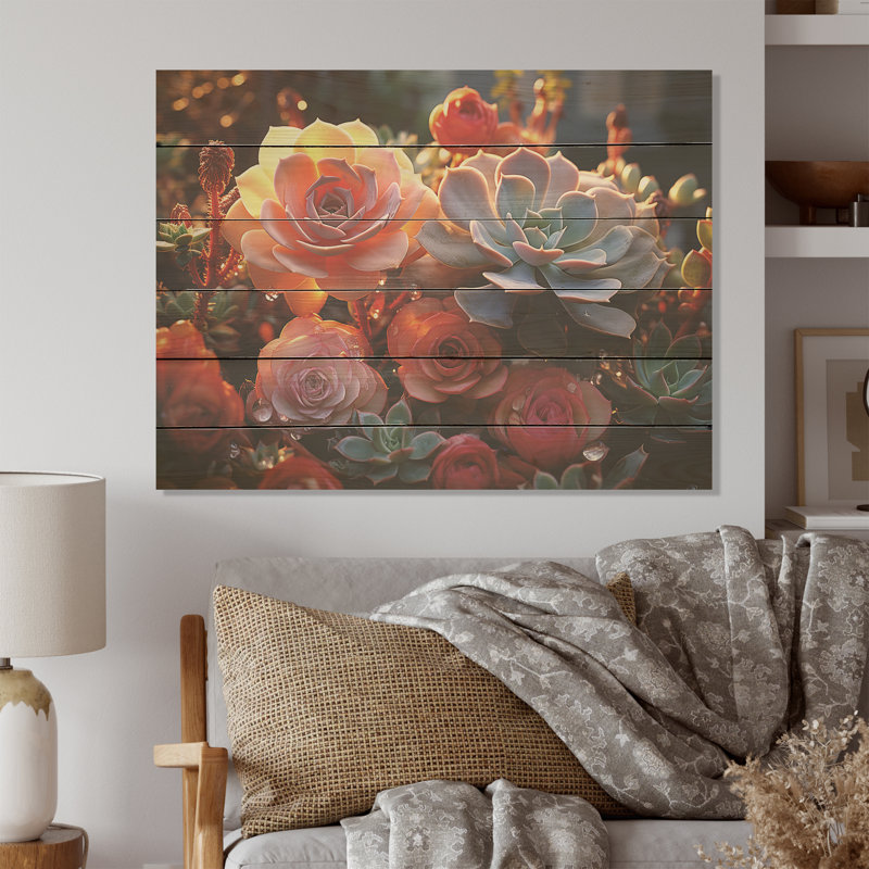 Succulent champ coucher de soleil - Art sur bois de pin naturel, H 24 po x l 32 po