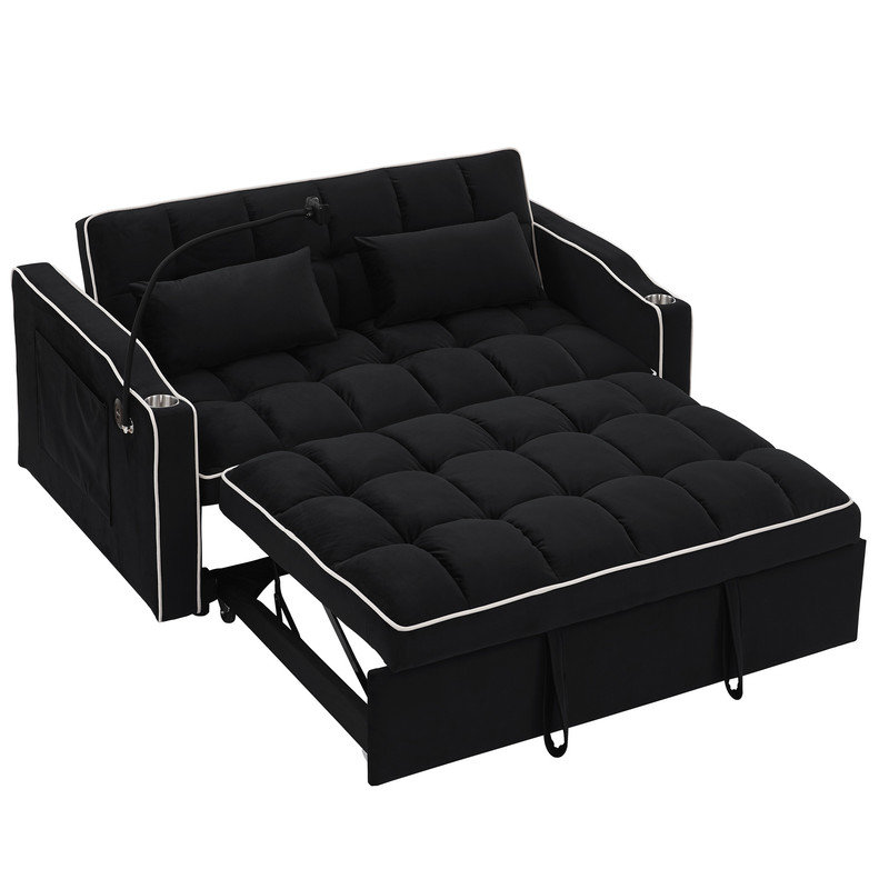 55.51 inch versatile foldable sofa bed in 3 lengths, modern sofa sofa sofa velvet pull-out bed, adjustable back and with USB port and ashtray and swivel phone stand (Grey)