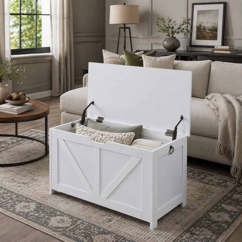 Banc de rangement et coffre pour jouets Retro avec rangement spacieux et intérieur facile à assembler, Blanc